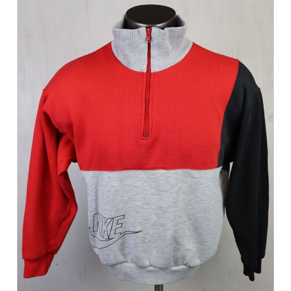 Nike Vintage 1/4 Zip Sweater USA Size M Spell Out Pockets Red Black Gray 90s 80s